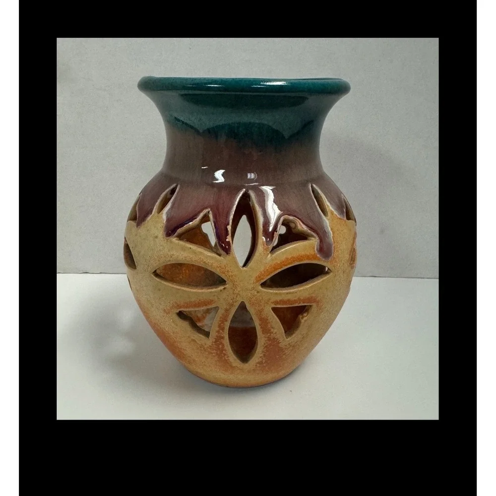 Vintage 1993 RAD Studio Pottery Drip Glaze‎ Cutout Vase Teal Burgundy Orange 5